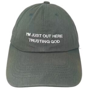 Ethos Baseball Cap Green White OS Trusting God Hat Embroidered Slideback Cotton